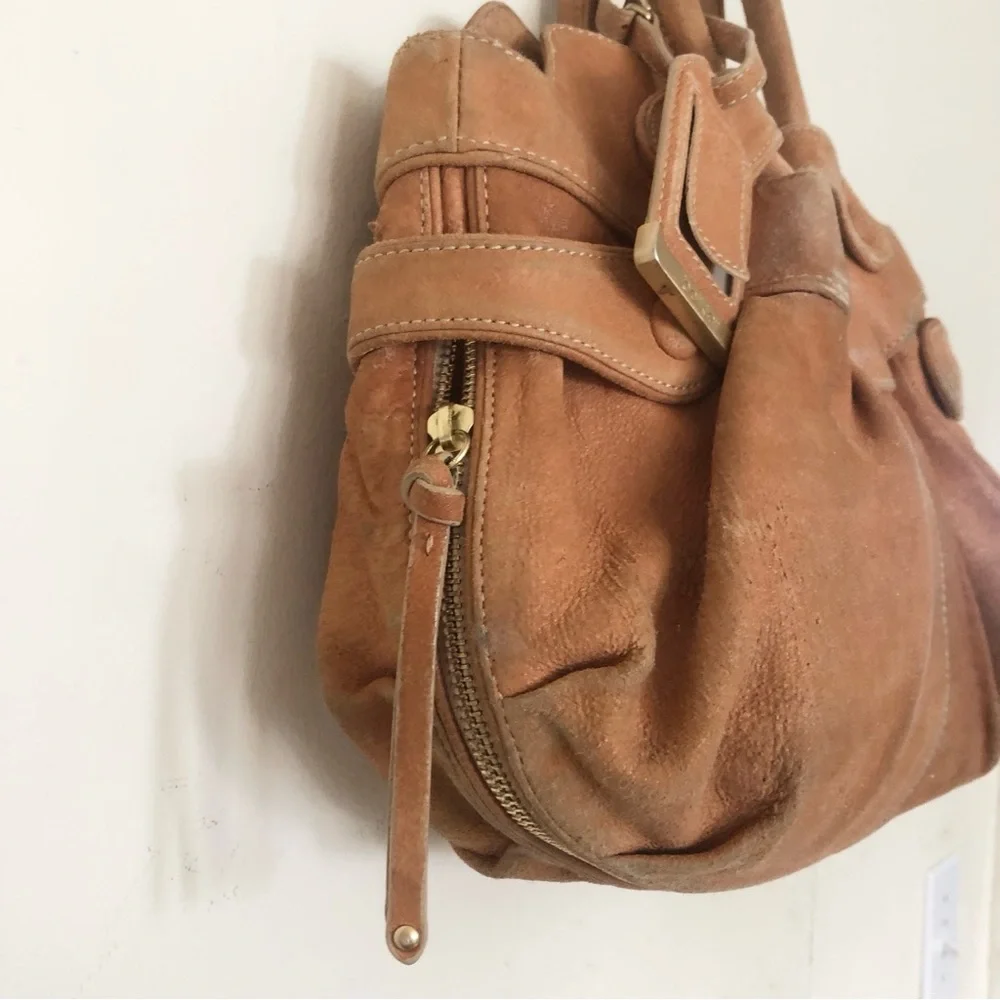 BOTKIER Camel Tan Metallic Suede Leather Crescent Hobo Boho Handbag Bag Purse